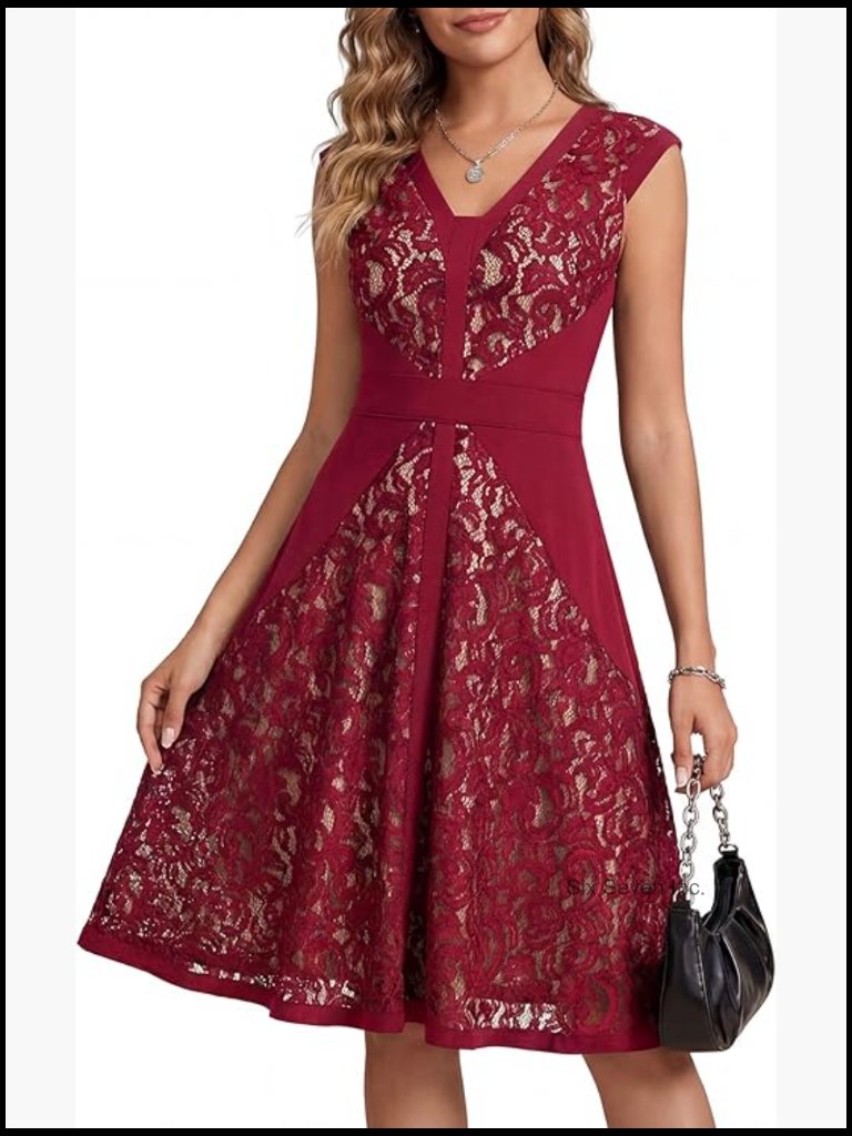 V-Neck Lace Midi Dress Cap Sleeve Formal Guest Cocktail Semi-Formal
